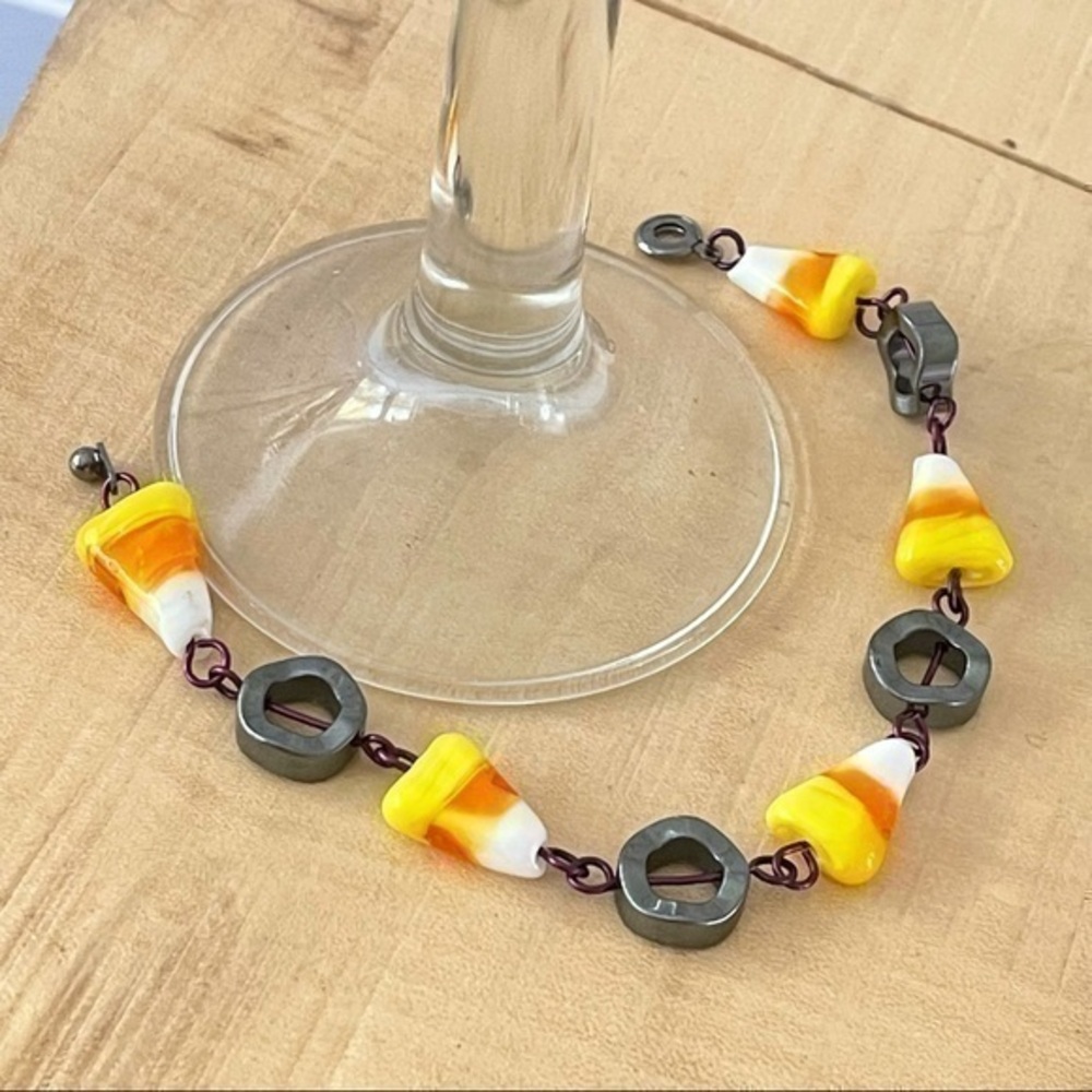 Glass Candy Corn & Geometric Hematite Bracelet Halloween Fall Autumn Gift